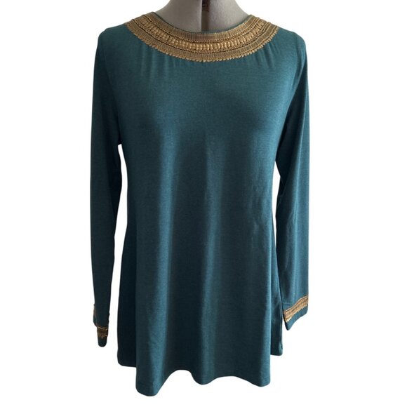 Soft Surroundings Teal & Gold Embellished Long Sleeve Tunic Top Medium - Picture 1 of 7